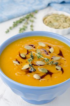 Pumpkin Soup With Pumpkin Oil And Seeds Close-up Royalty Free Stock Photos Pumpkin Soup With Pumpkin Oil And Seeds Close-up Royalty Free Stock Photos