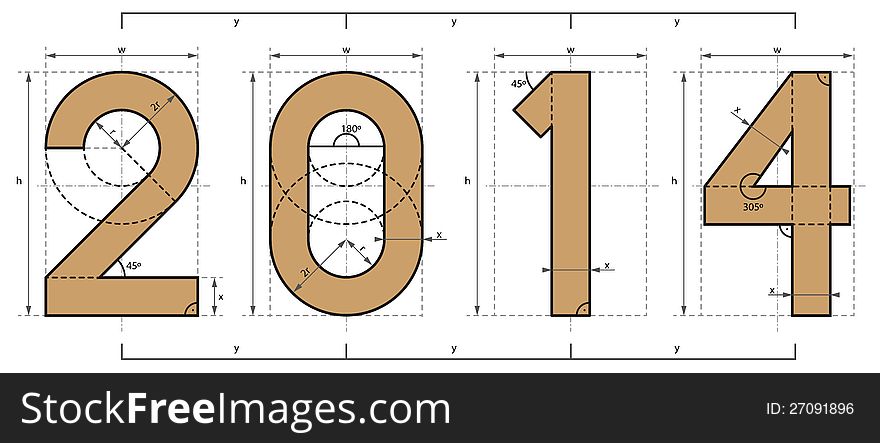 2014 year project, symbolizing new year, made in technical drawing style. 2014 year project, symbolizing new year, made in technical drawing style