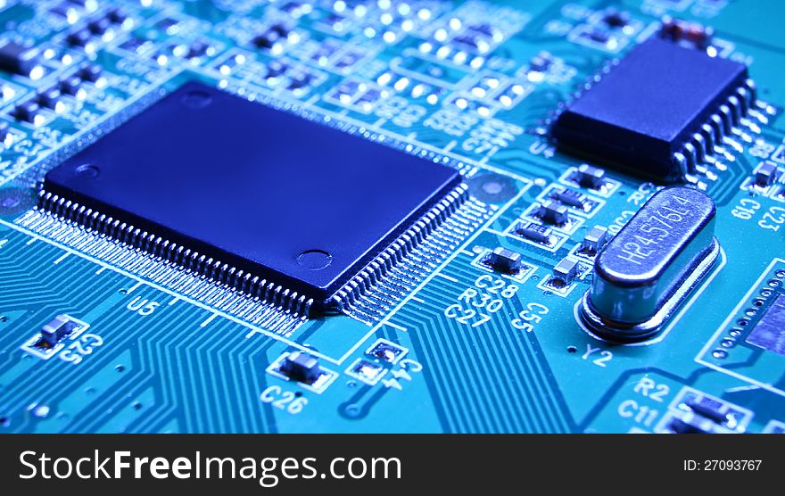 Electronic components on a printed circuit board. Electronic components on a printed circuit board