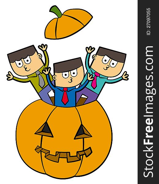 A group of cartoon characters coming out from a pumpkin. A group of cartoon characters coming out from a pumpkin