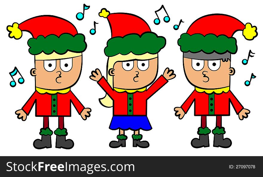 Illustration of a group of singing cartoon kids in Santa Claus costumes. Illustration of a group of singing cartoon kids in Santa Claus costumes