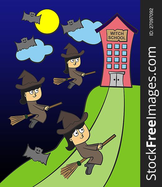 A group of witches riding in flying brooms and heading towards a school for witches. A group of witches riding in flying brooms and heading towards a school for witches