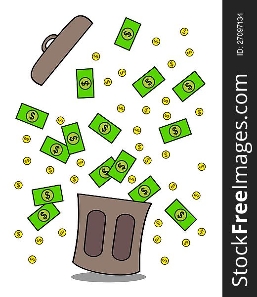 A cartoon illustration of dollar bills and coins coming out from a trash can. A cartoon illustration of dollar bills and coins coming out from a trash can