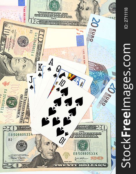Playing cards prize of money in a casino. Playing cards prize of money in a casino