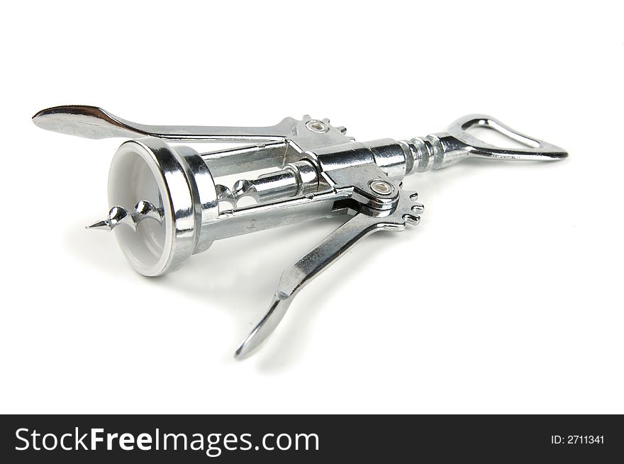 Chrome metal corkscrew on white isolated