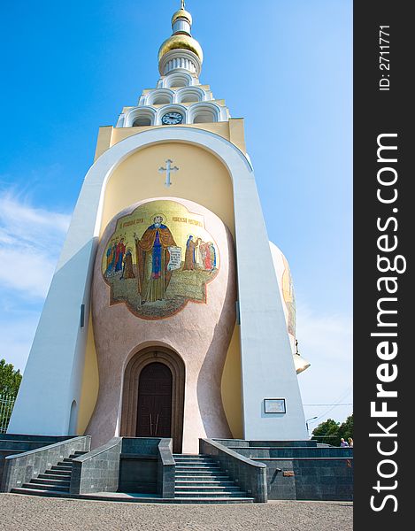 Modern church on blue sky background