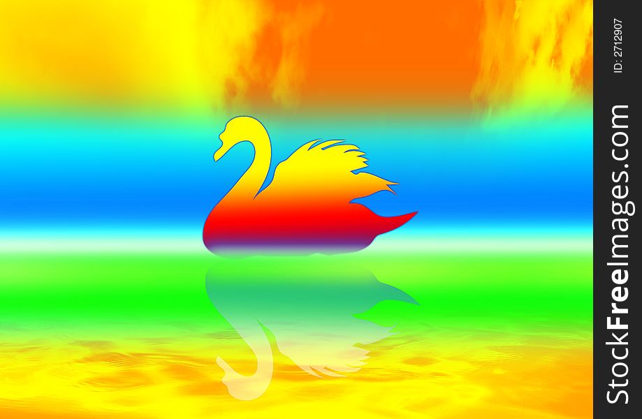 One Graceful swan lit by the color ground. One Graceful swan lit by the color ground