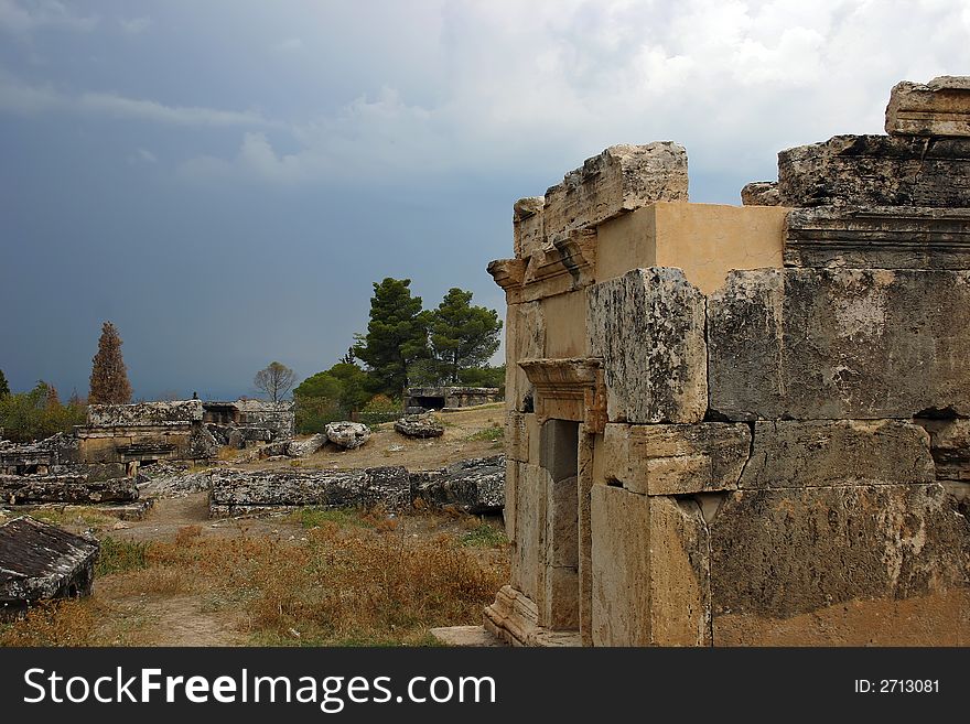 An ancient Roman necropolis, Turkey, peak of Pamukkale mountain. Shortly before thunderstorm