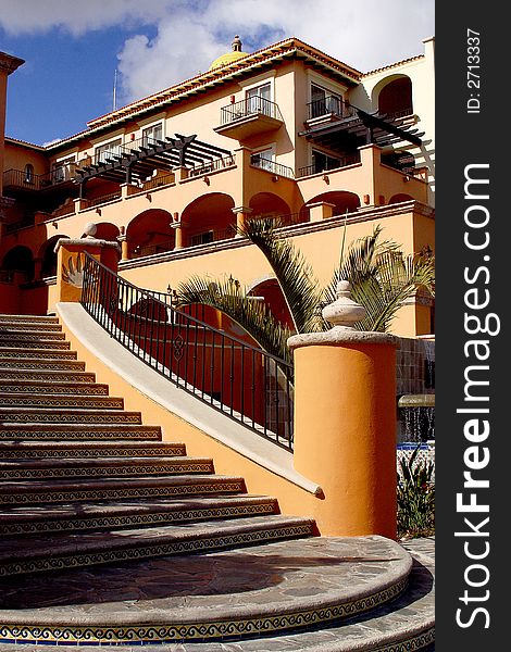 Stair of a colonial architecture hotel at Los Cabos, Baja California, Mexico, Latin America