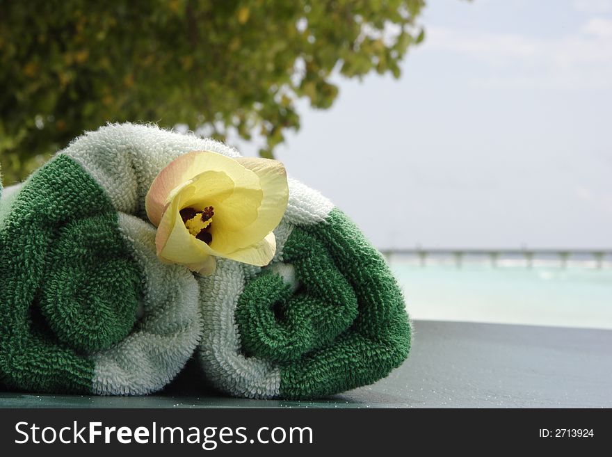 Towel with flower. Ocean on background. Towel with flower. Ocean on background.