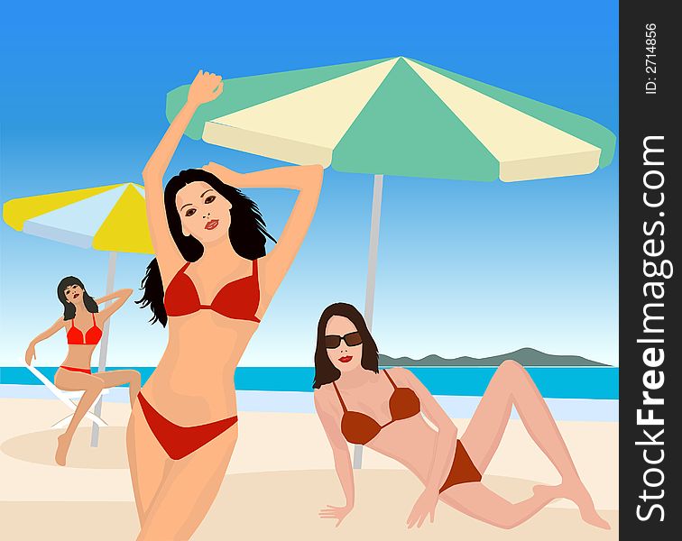 Attractive girls on beach - vector illustration