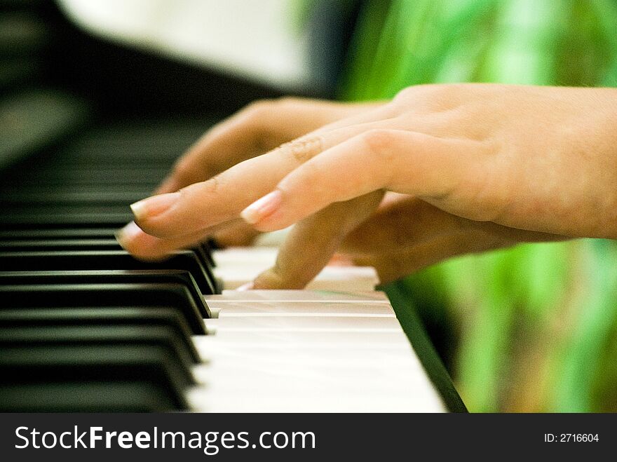 A closeup of a pair of hands playing a piano. A closeup of a pair of hands playing a piano.