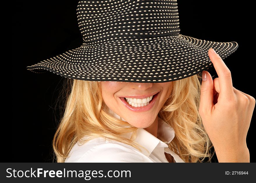 Beautiful Woman With Hat Over Her Eyes. Beautiful Woman With Hat Over Her Eyes