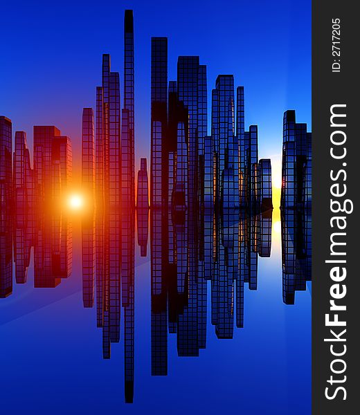 An image of a city by some reflective water the city is designed to look like a bar graph soundwave. An image of a city by some reflective water the city is designed to look like a bar graph soundwave.