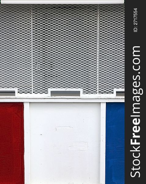 Old-fashioned carnival ticket booth with three windows in red, white, and blue. Old-fashioned carnival ticket booth with three windows in red, white, and blue