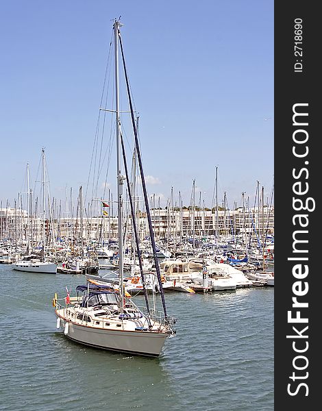 Sailing yacht in the harbor of Lagos Portugal