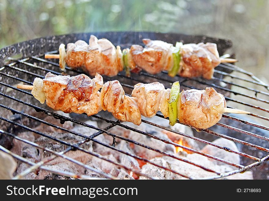 Barbecue with sticks of meat and vegetables