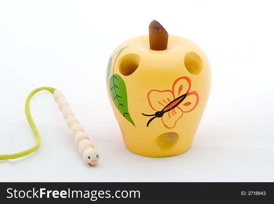 Apple and worm wooden children toy