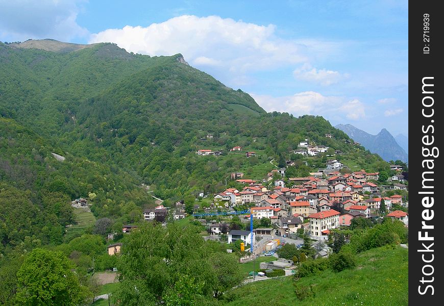 Mountain top village in the Swiss Alps