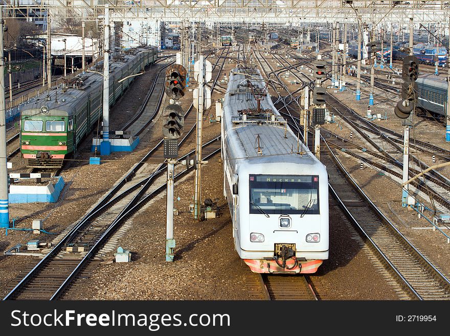 Railway tracks and trains at large terminus. Railway tracks and trains at large terminus