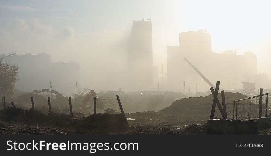 Building site in a mist in the morning