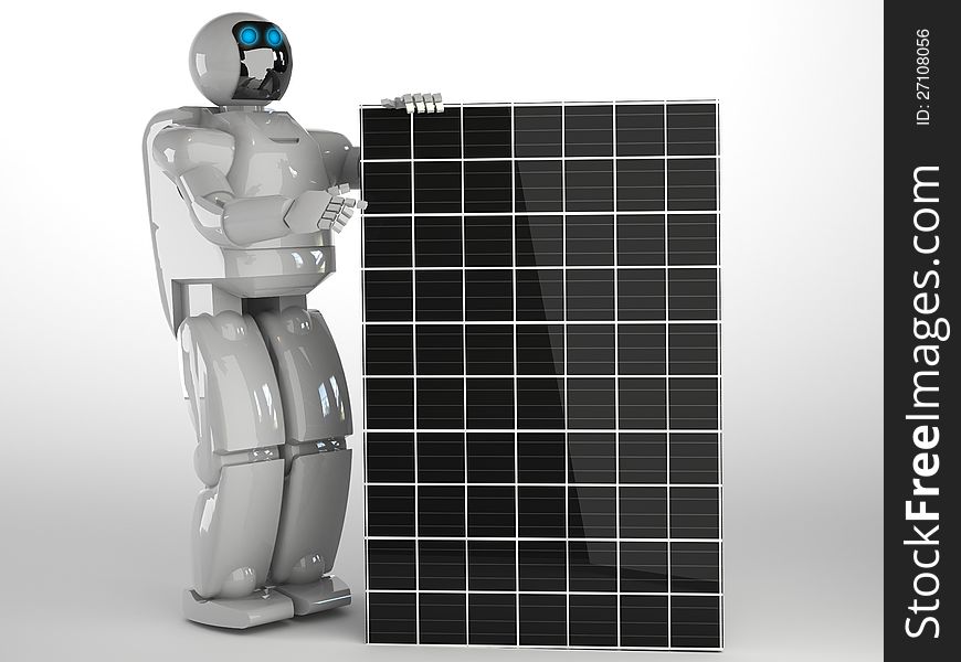 Robot and Solar panel isolated in white space