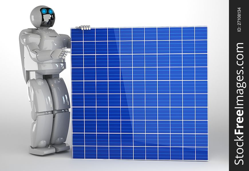 Robot and Solar panel isolated in white space