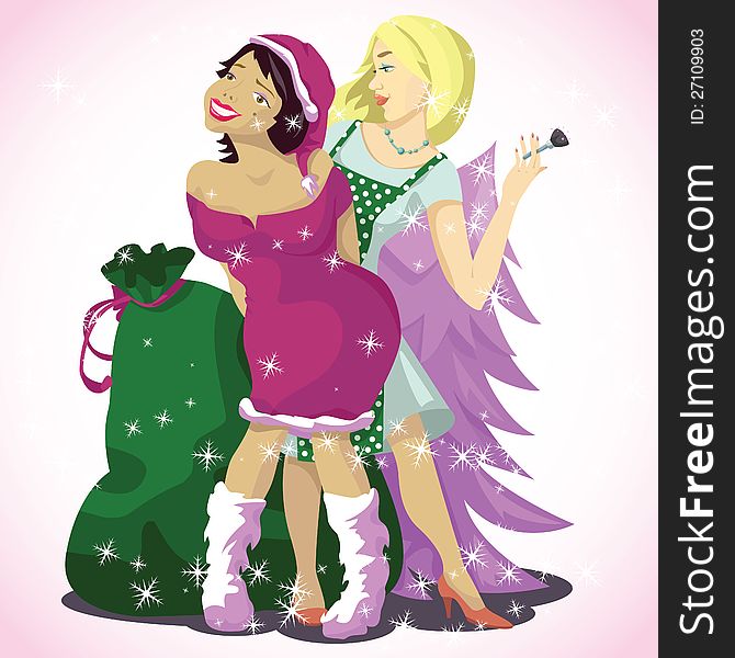 One girl helps to another to become a Santa Claus, she holds a make up brush. On a background is a bag of gifts, and pink Christmas tree. One girl helps to another to become a Santa Claus, she holds a make up brush. On a background is a bag of gifts, and pink Christmas tree.