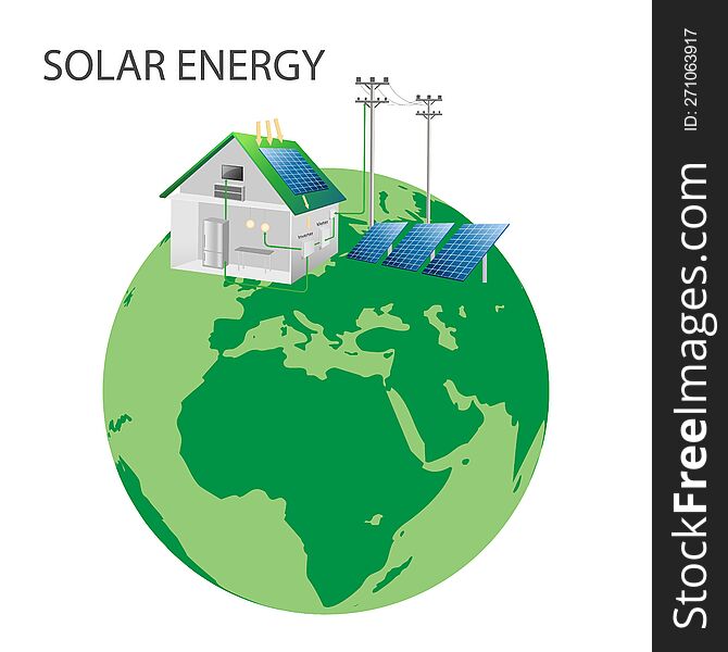 Eco-house based on green renewable and solar energy. with windmills, and solar energy panels