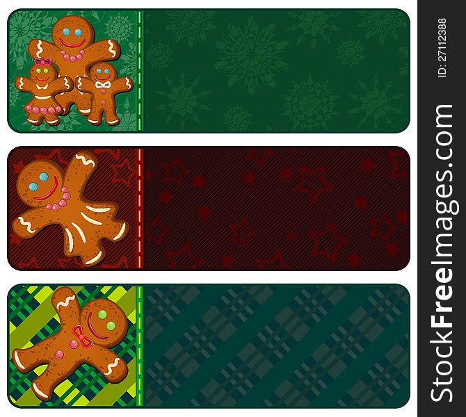 Three textured Christmas tags with stitches and gingerbread people. Three textured Christmas tags with stitches and gingerbread people