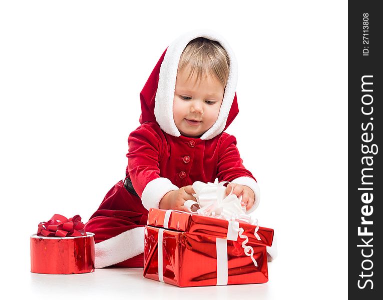 Santa Claus baby girl opening gift box on white background