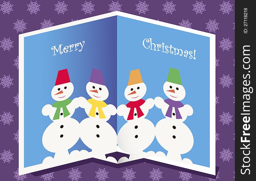 Four Funny Snowmen Glued On Christmas Card. Four Funny Snowmen Glued On Christmas Card