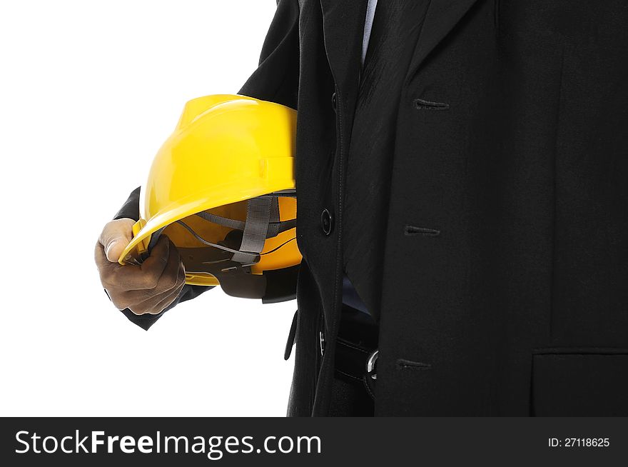 Detail of an architect holding helmet, isolated over white