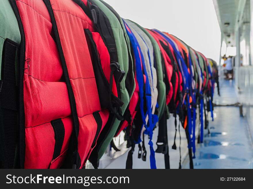 Many of lifejacket are hanging on the cruise, Phuket. Many of lifejacket are hanging on the cruise, Phuket