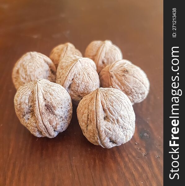 Walnut seeds on a table in view