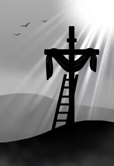 Illustration In Silhouette Of The Cross Of The Resurrected Jesus On The Background Of Light Rays. Vertical Representation In Black Stock Photo