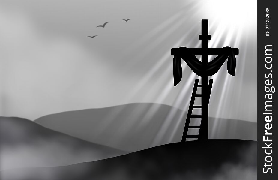 Silhouette drawing of the cross of the resurrected Jesus on the background of light rays. Black and white horizontal illustration. Image Without text.