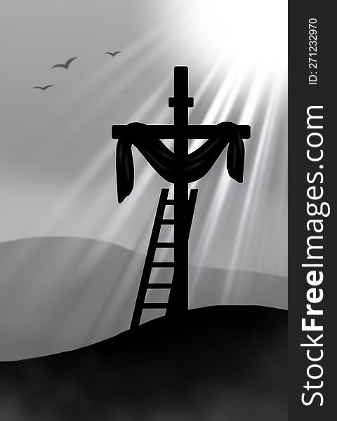 Illustration in silhouette of the cross of the resurrected Jesus on the background of light rays. Vertical representation in black and white. Image Without text.