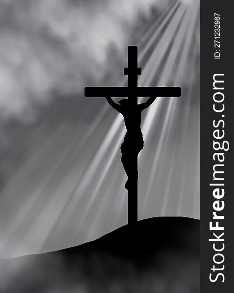 Silhouette Drawing Of Crucified Jesus, On A Cloudy Background With Light Rays. Black And White Illustration. Without Text.