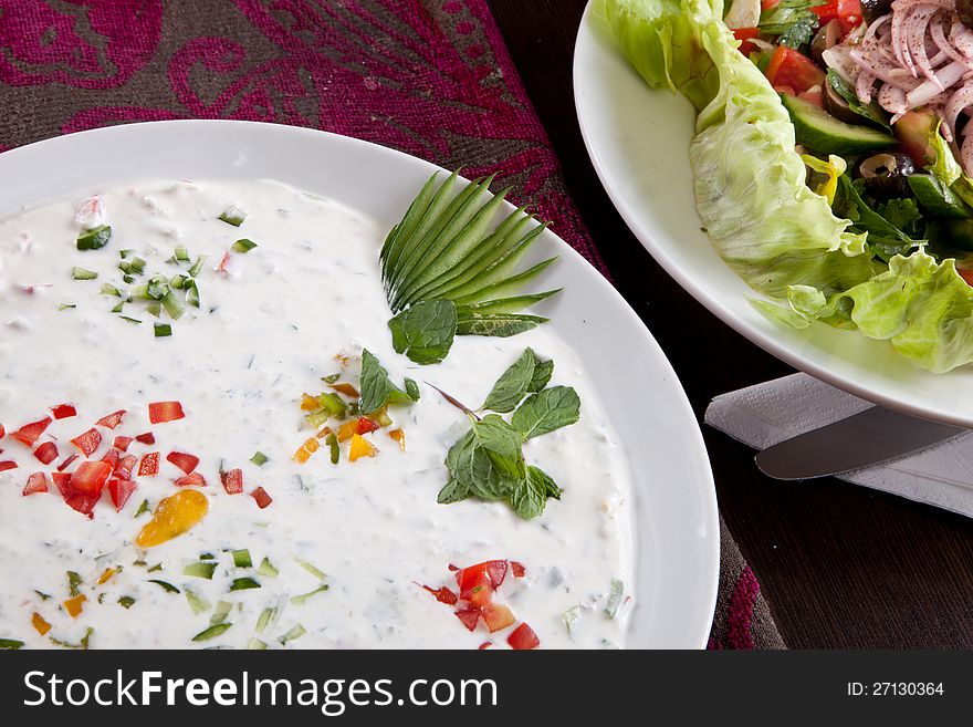 Cheese salad cream with paper pepper, tomato, mint and cucumber ( Turkish, Arabian , Oriental ). Cheese salad cream with paper pepper, tomato, mint and cucumber ( Turkish, Arabian , Oriental )