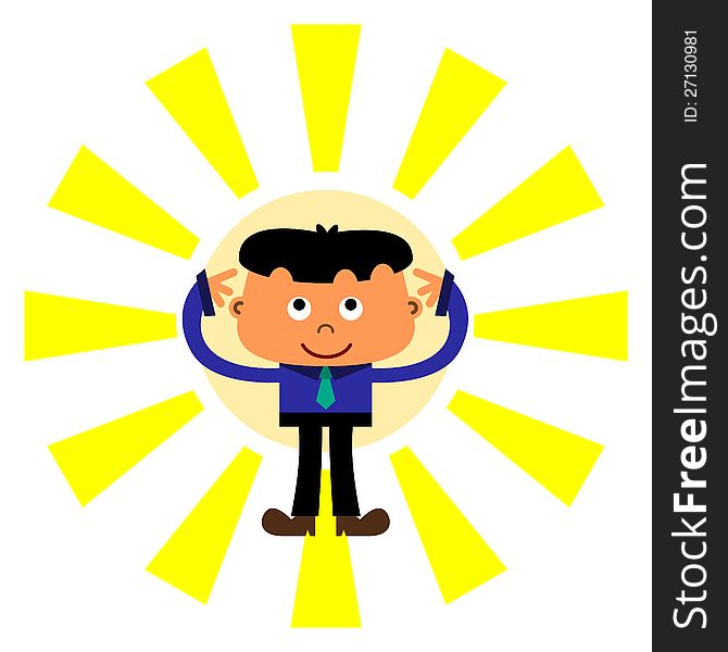 A thinking cartoon character in business attire with sunburst background. A thinking cartoon character in business attire with sunburst background