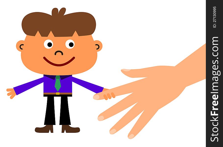 A cartoon business man shaking hands with a giant hand. A cartoon business man shaking hands with a giant hand