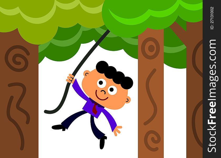 A man in business attire swings on a vine in a jungle. A man in business attire swings on a vine in a jungle