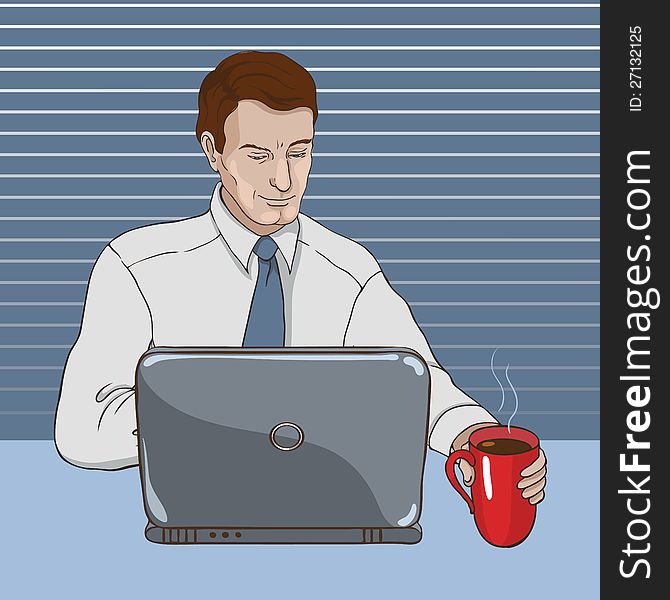 Business man in an office looking at a laptop and drinking coffee. Business man in an office looking at a laptop and drinking coffee