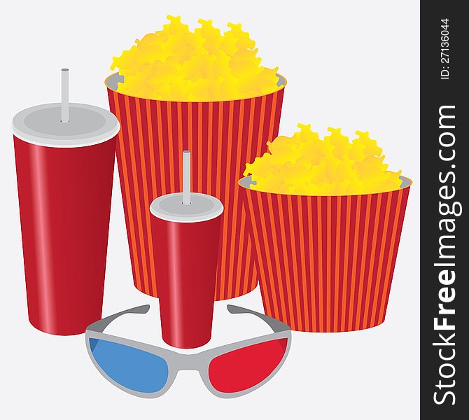 Soda, popcorn and 3D glasses on the white background. Soda, popcorn and 3D glasses on the white background.