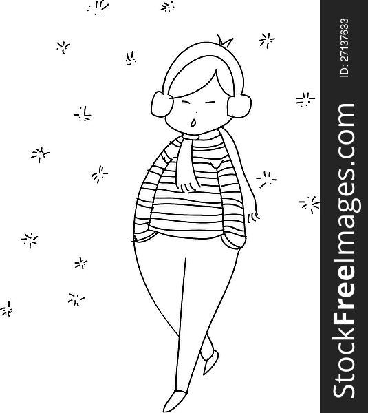 Freehand sketch cartoon girl relax walking in the winter season; black and white. Freehand sketch cartoon girl relax walking in the winter season; black and white
