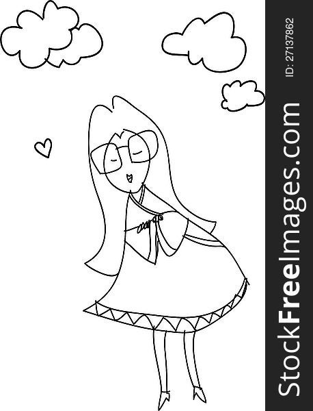 Freehand sketch cartoon girl relax and cheerful