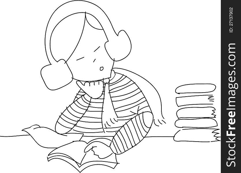 Freehand sketch cartoon girl relax reading