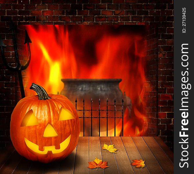 Halloween abstract backgrounds with pumpkin and fireplace
