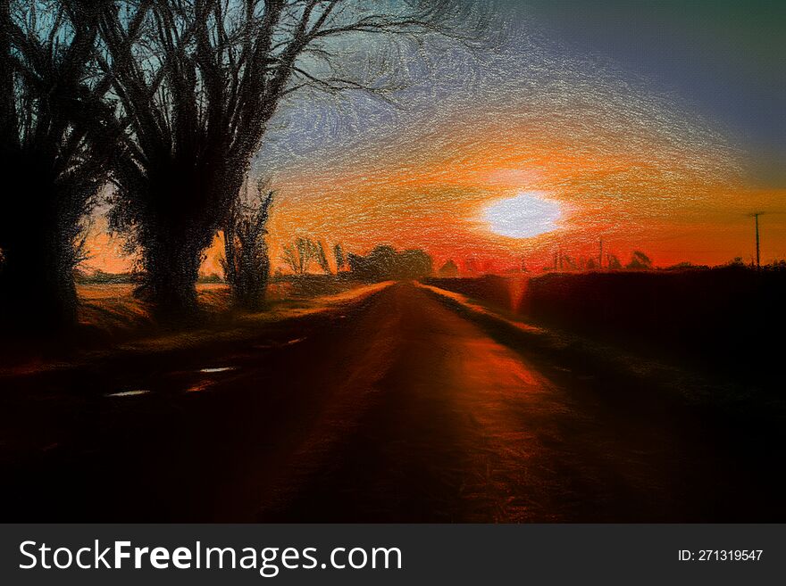Country Sunrise along the country lane, winter time with processed work to give a painting style to this lovely scene